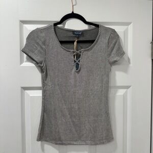ModCloth Striped Ribbed Lace Up‎ T-Shirt Top XXS Short Sleeve Casual V Neck